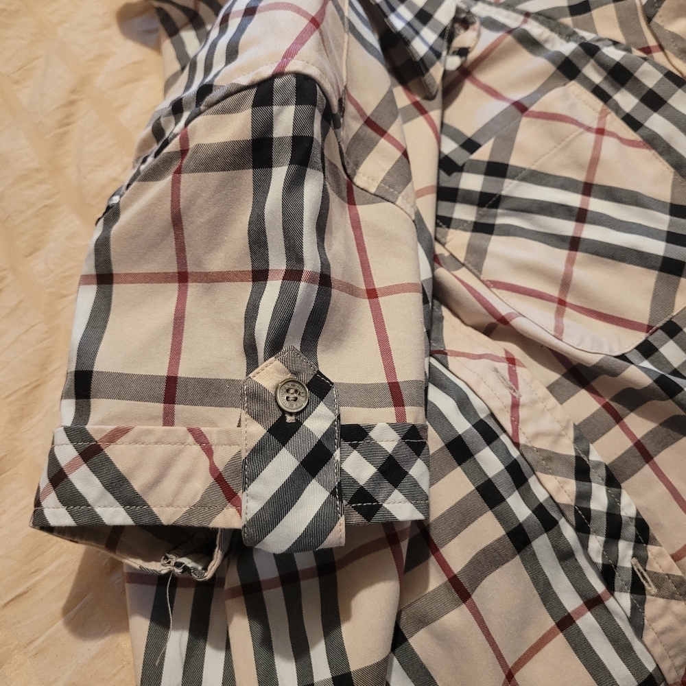 Burberry Beige, Black & Red Plaid Short Sleeve Button Down Shirt - Picture 14 of 15